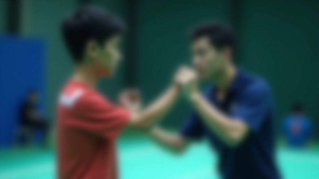 مدرب يصحح وضعية لاعب شاب في تمرين الضربة الساحقة مع التركيز على موضع المرفق